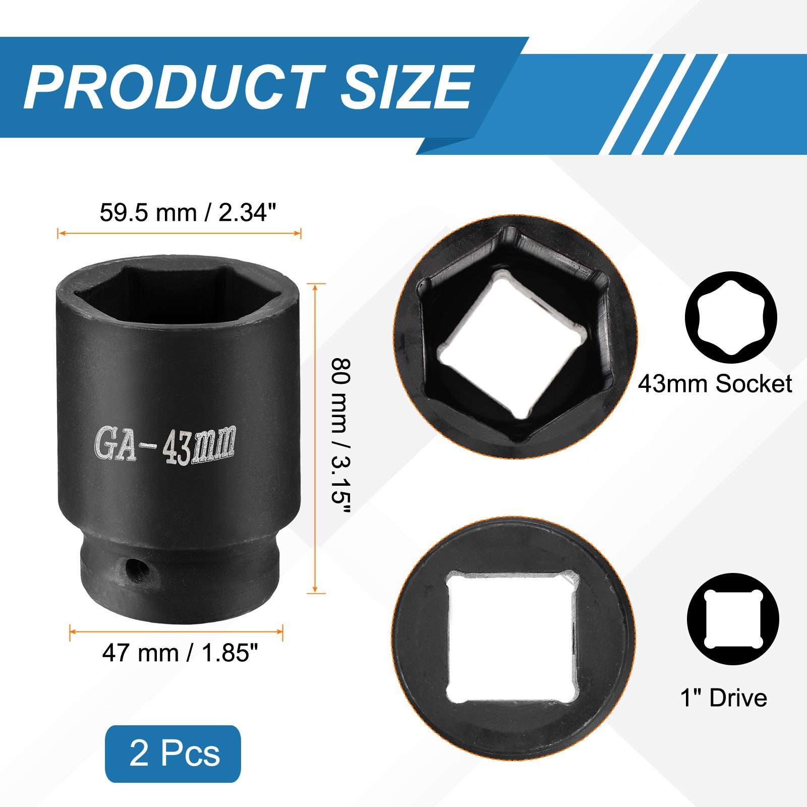 2pcs 1 Inch Drive 43mm 6 Point Impact Socket Chromium Vanadium Steel