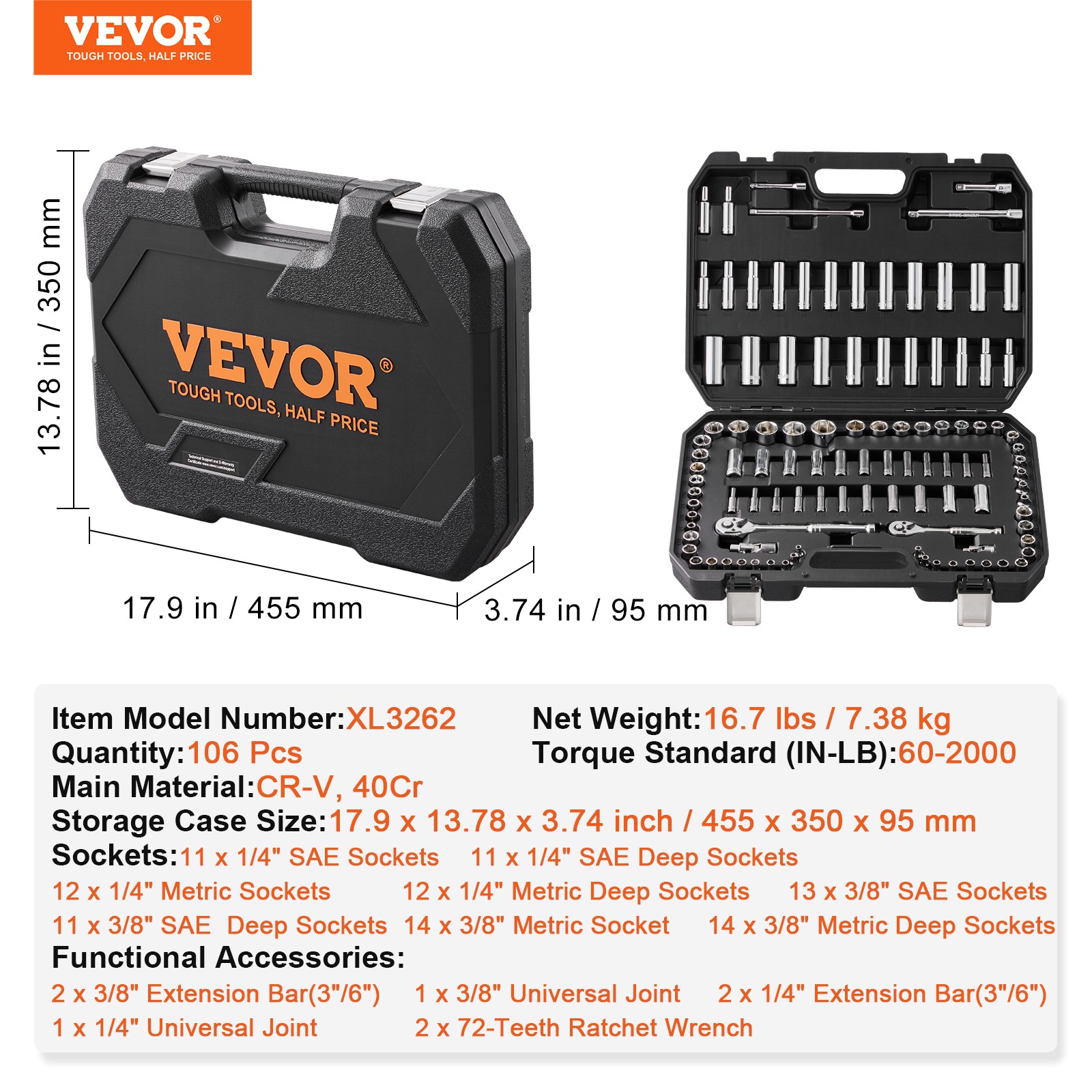 VEVOR 106 Pcs Socket Set 1/4in 3/8in Drive Socket and Ratchet Set 6-Point Tool