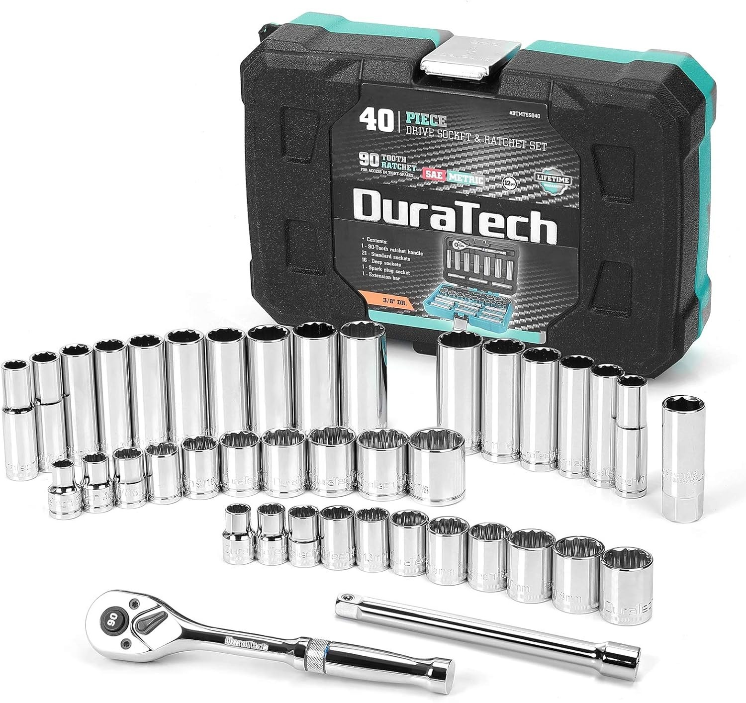 DURATECH 3/8″ Drive Socket Set, 40 Piece Tool Set Including Standard (SAE) and M
