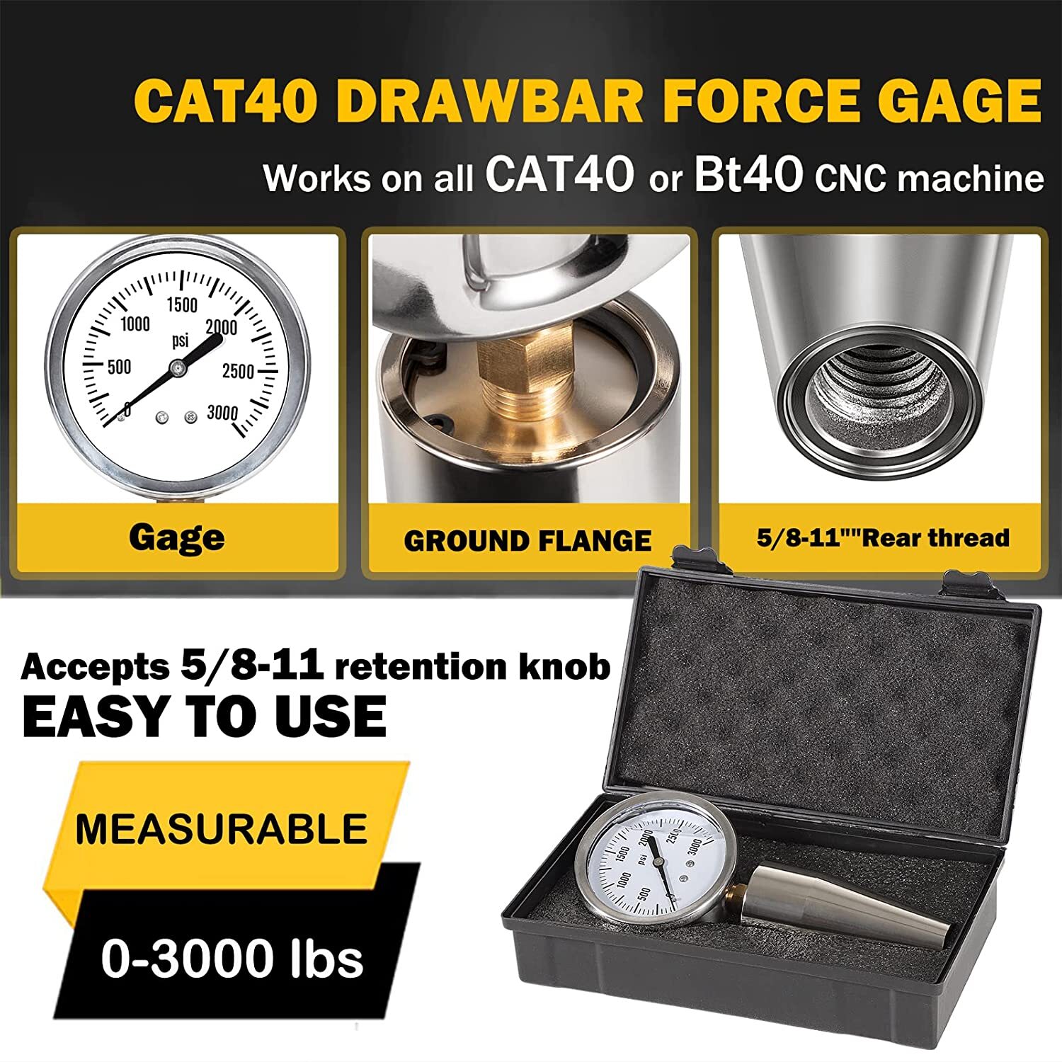 Spindle Drawbar Force Gauge Checker Tool 0-3000PSI For All CAT 40 & Bt 40
