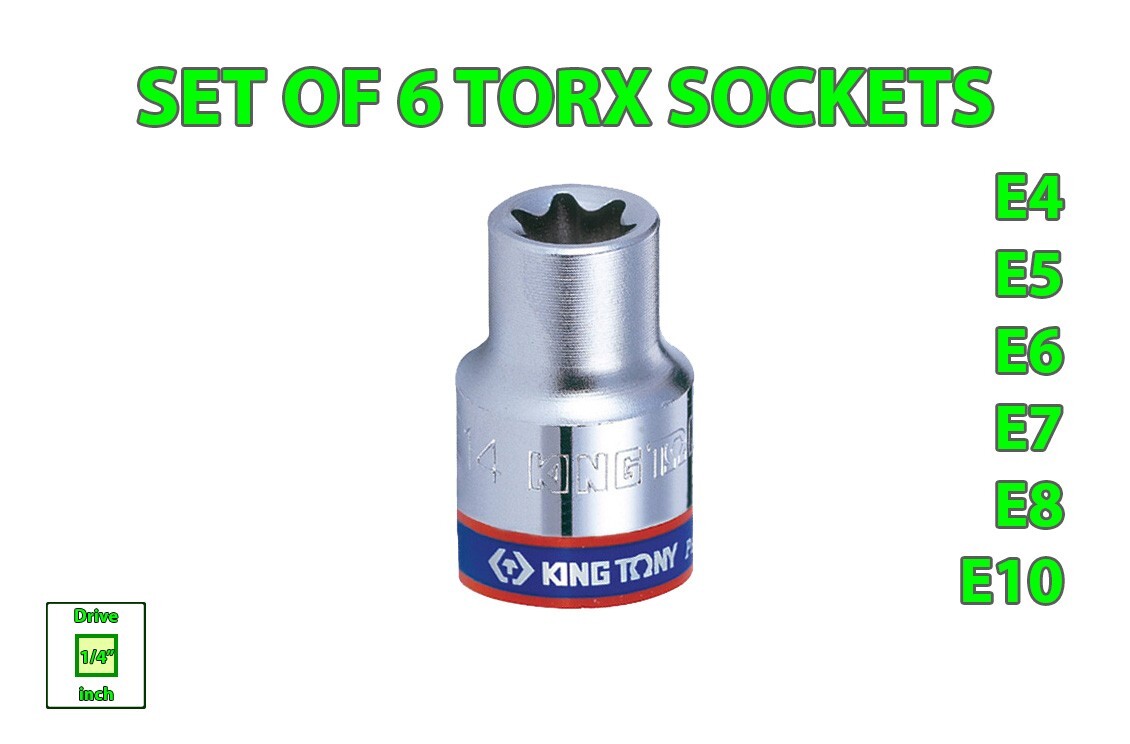 (Set of 6) 1/4” Drive Star Sockets Outside Torx KING TONY 1/4 inch Drive