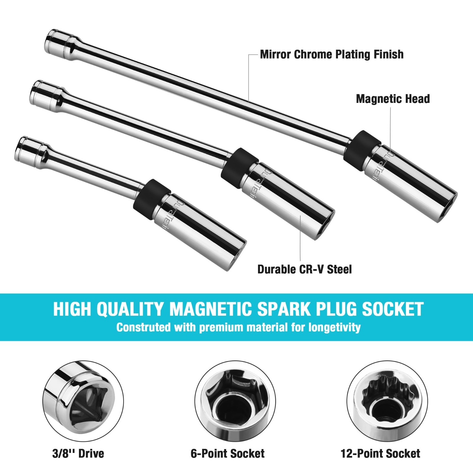 5PCS Magnetic Spark Plug Socket Set, 3/8″ Drive Thin Wall, Cr-V Steel, 6-Point &