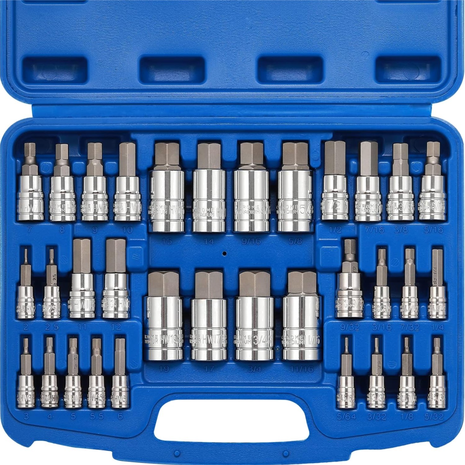Hex Bit Socket Set 33PCS, 1/4″, 3/8″, 1/2″ Drive, SAE & Metric