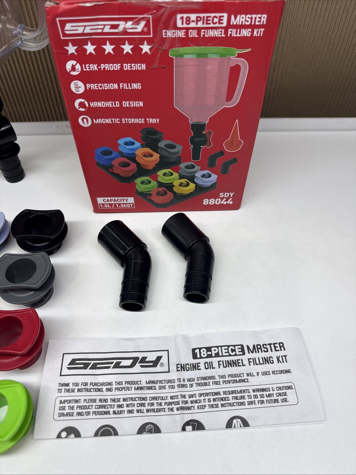 18 PCs Sedy Master Engine Oil Funnel Filling Kit Universal Colour Coded Open Box