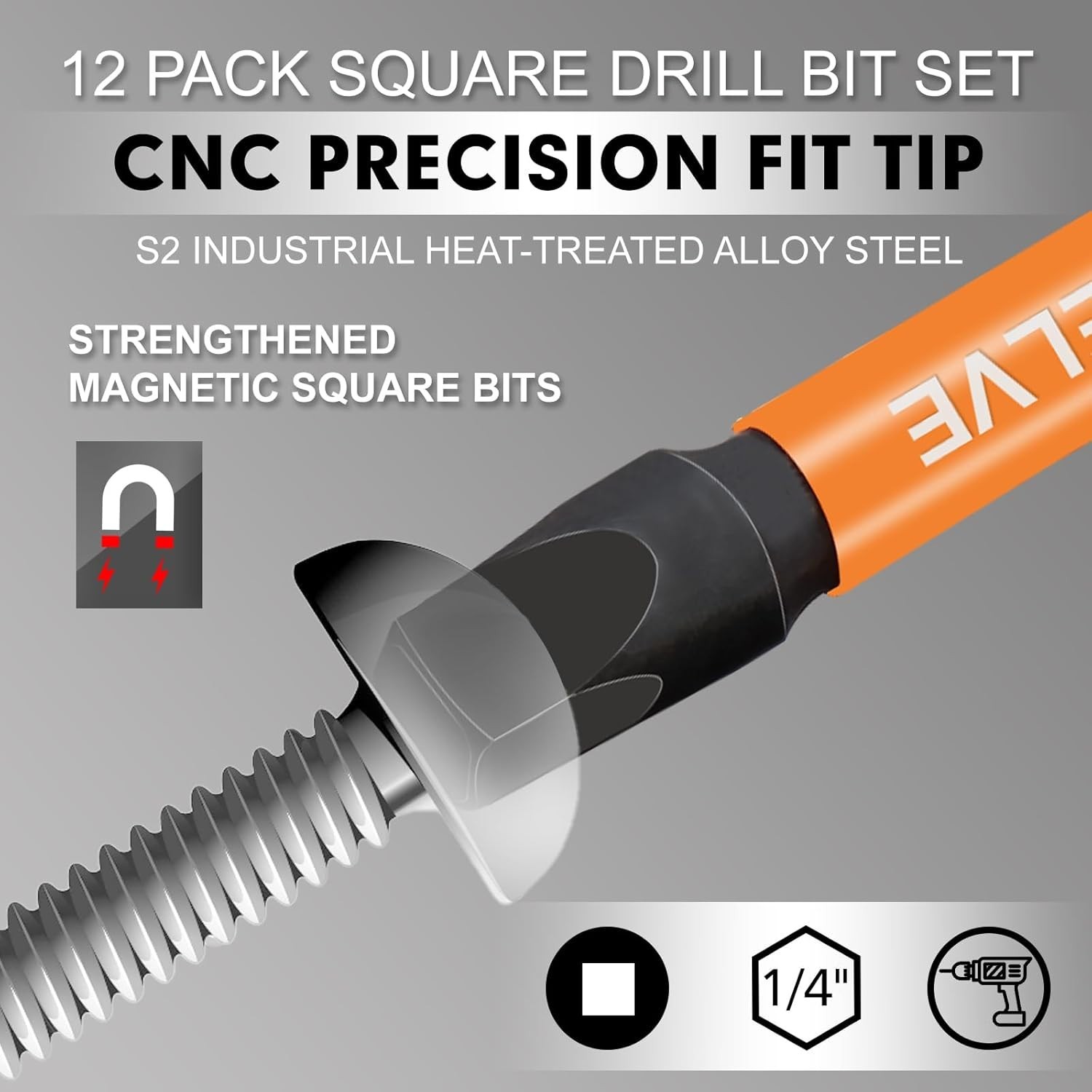 Durable Square Drive Bit Set – 12-Piece Magnetic Hex Shank Tools for All Needs