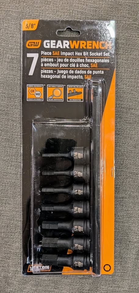 GearWrench 84913 7 Piece 3/8″ Drive SAE Impact Hex Bit Socket Set New