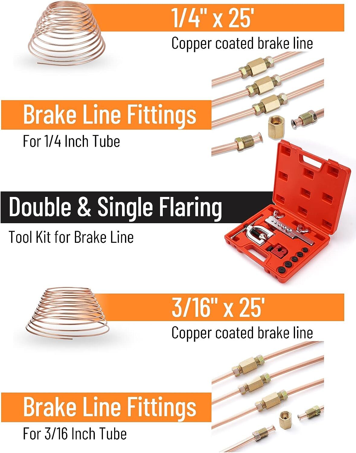 Brake Line Kit 3/16 1/4 25ft Copper Pipe Repair Flaring Tool + 40 Nuts Fittings