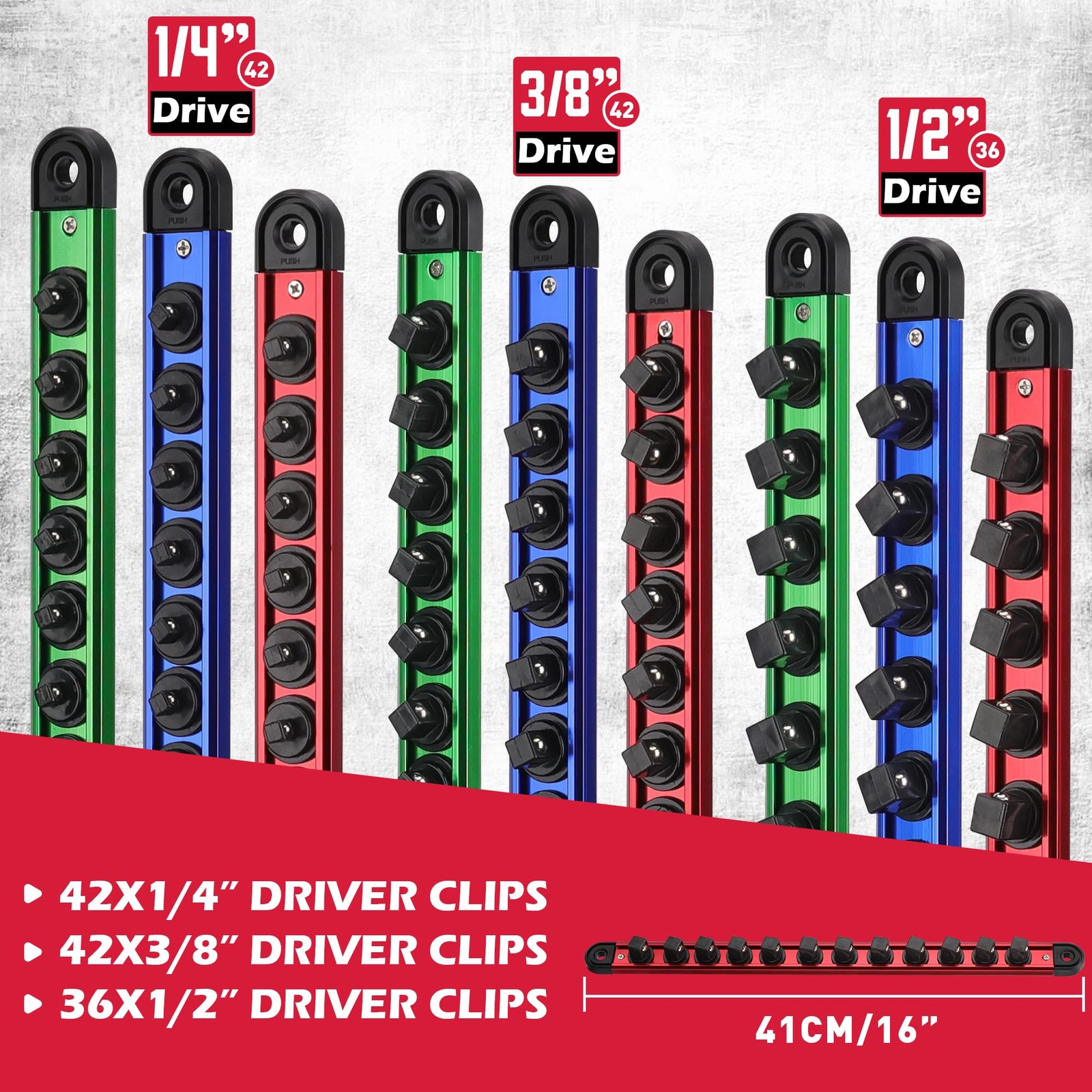 Magnetic Socket Holder Organizer Set: 9-Piece 1/2,1/4,3/8, Blue Red Green