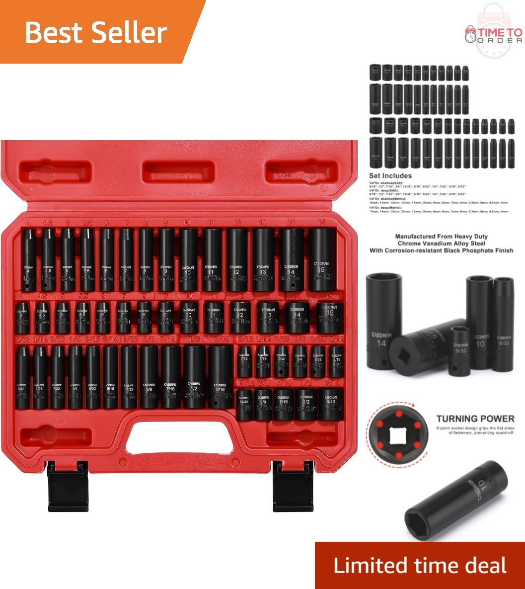 1/4 Inch Drive Impact Socket Set 50-Piece SAE Metric Deep Shallow Chrome Vana…