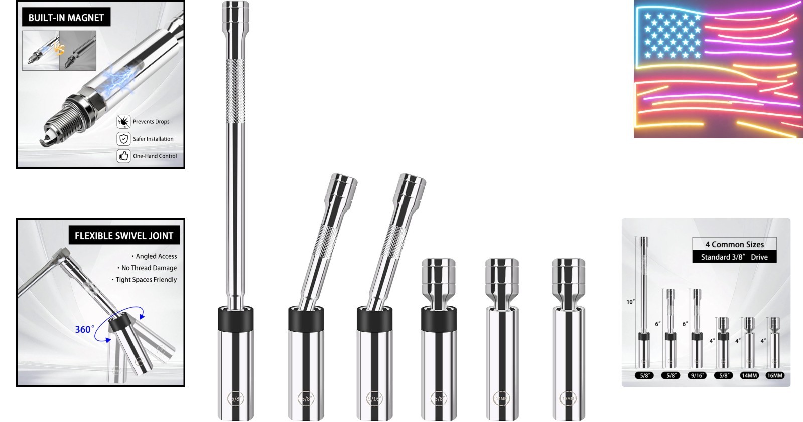 6-Piece Spark Plug Socket Set, 3/8-Inch Drive Magnetic Swivel, Thin Wall