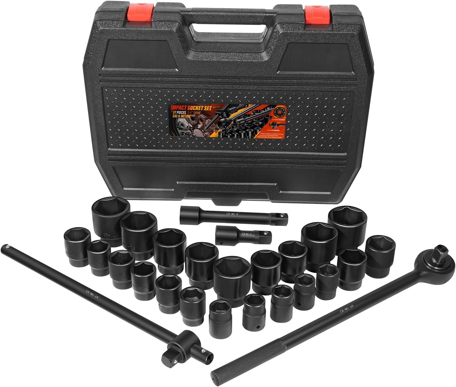 27Pcs 3/4″ Drive Impact Socket Set 20-50mm,with Extension Bars & Ratchet Handle