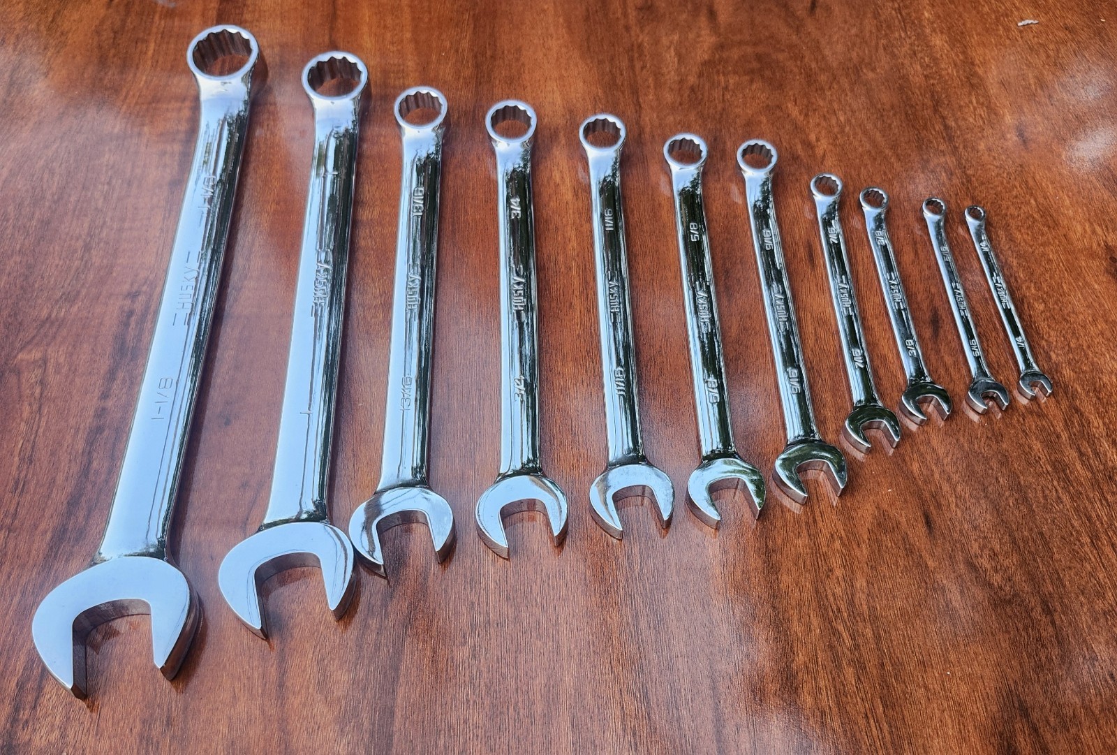 Vintage =Husky= USA 1-1/8″ to 1/4″ Full Polished Comb Wrench Set 11 Pc USA 🇺🇸
