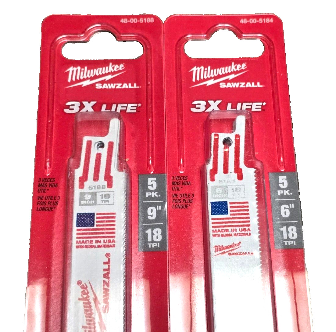 10pc Milwaukee 6″ & 9″ 18-TPI Bi-Metal Reciprocating Saw Blades USA #5184 ᑄ