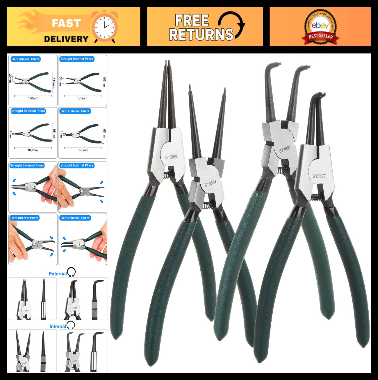 7″ Snap Ring Pliers Set – Heavy Duty Internal/External Circlip Kit, Precision Sp