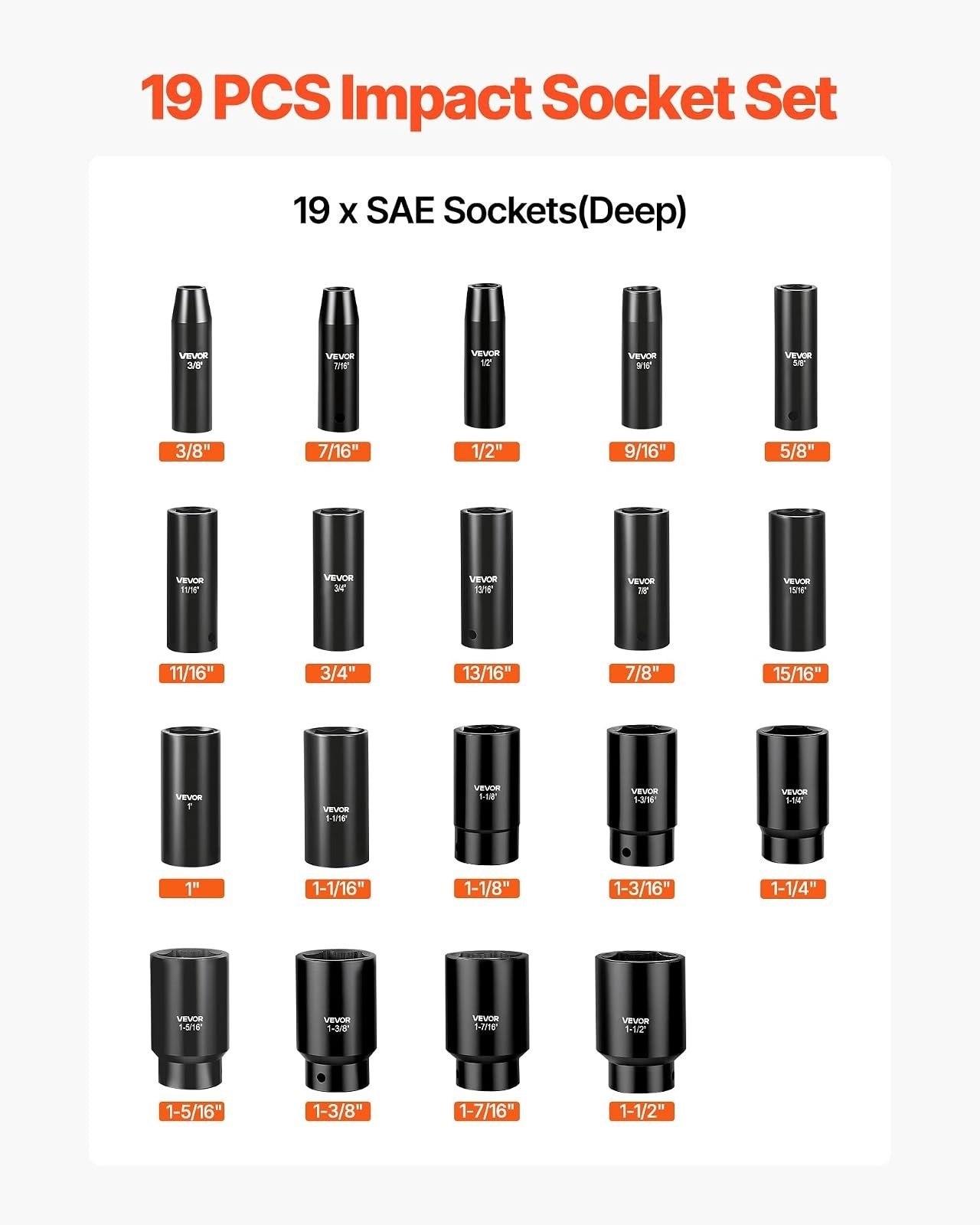Impact Socket Set, 1/2″ 19 Piece Impact Sockets, Deep Socket, 6-Point Sockets, 1