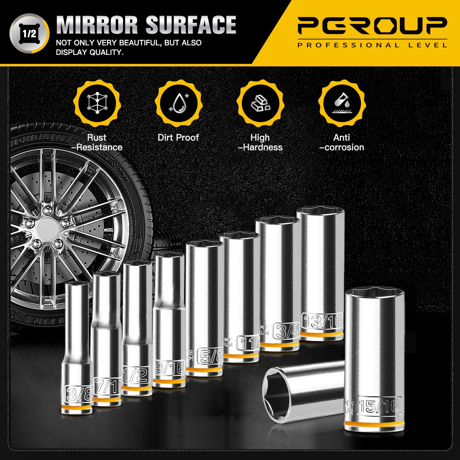 10PCS 1/2” Drive Deep SAE (3/8″-15/16″) Socket Set, 6-Point, Cr-V Steel