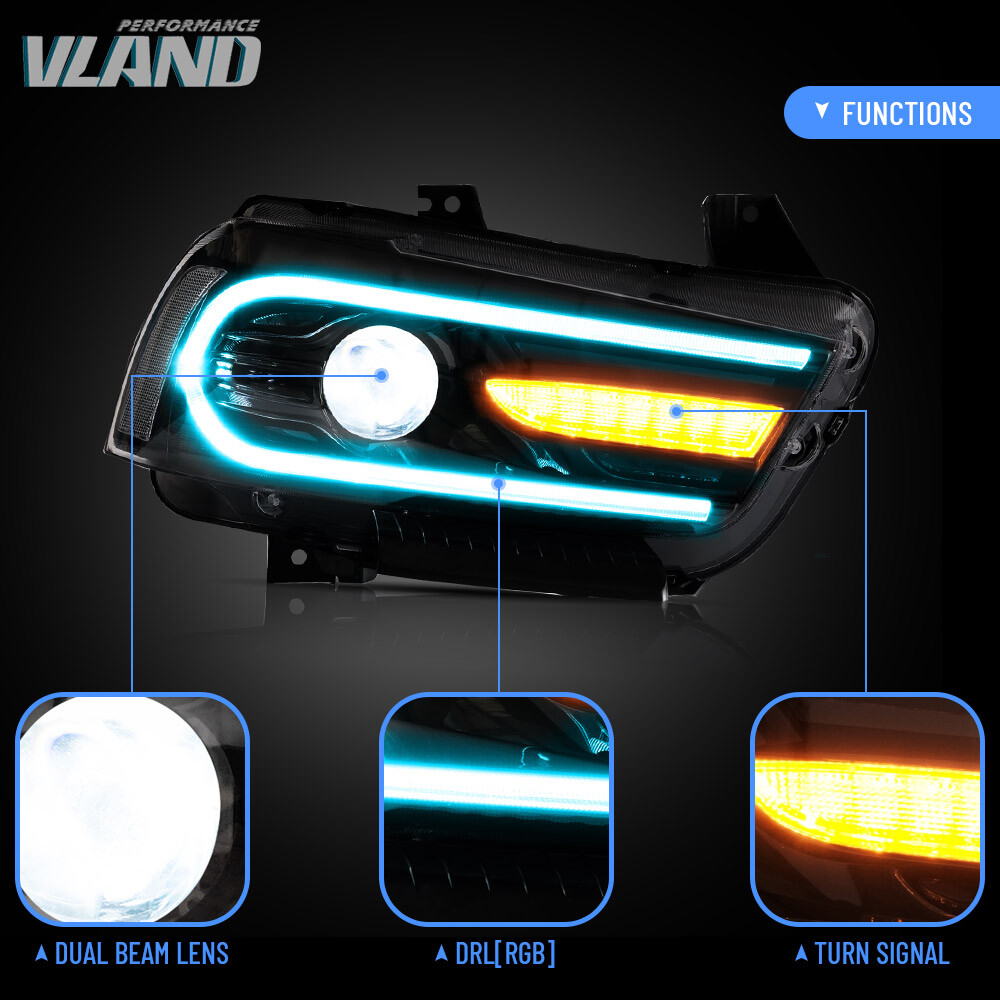 VLAND Headlights w/RGB DRL Sequential Turn+LED Bulbs For Dodge Charger 2011-2014