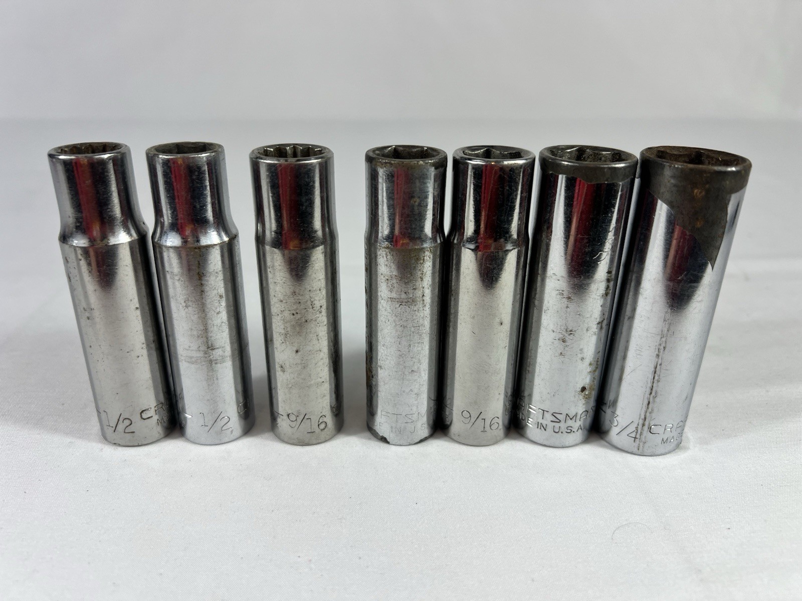 Lot Of 7 Craftsman Deep SAE 3 1/2” Tall Sockets, Various Sockets From 1/2 To 3/4