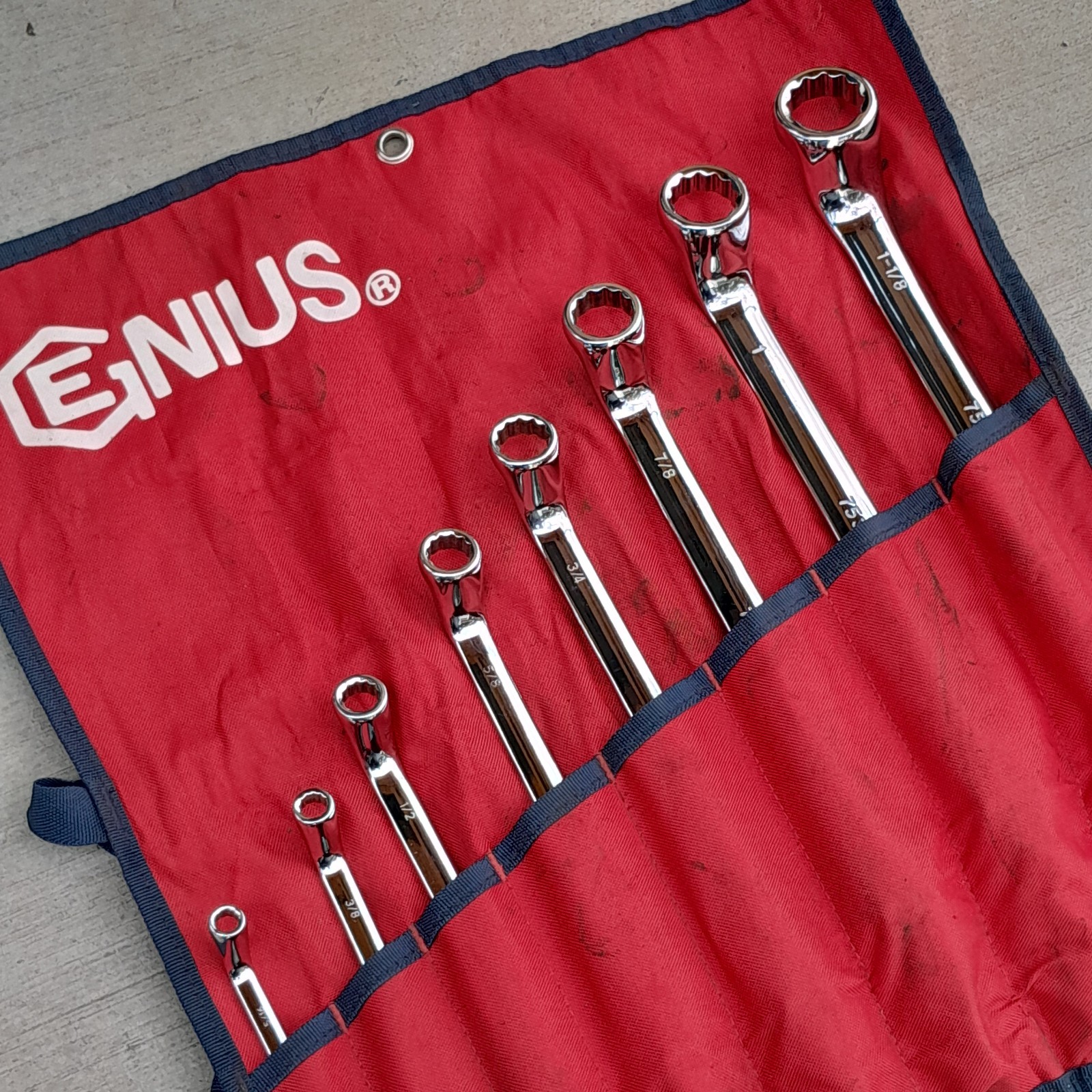 Genius Tools DE-708S 8 Piece SAE 75 Degree Double Ended Offset Ring Wrench Set