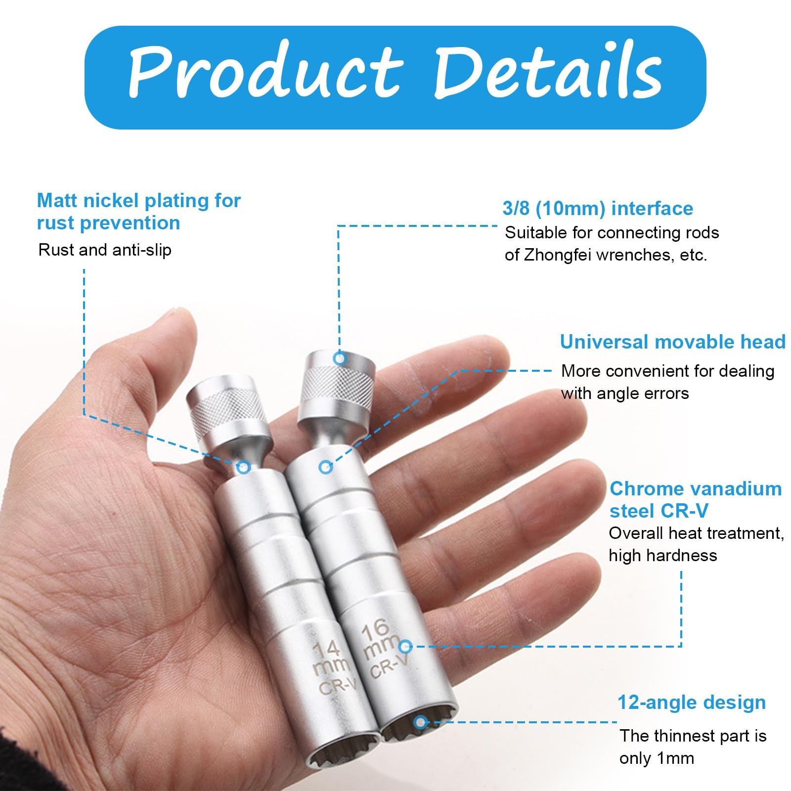 14mm&16mm(5/8″) Spark Plug Socket Set,Thin Walled Magnetic Universal, Silver