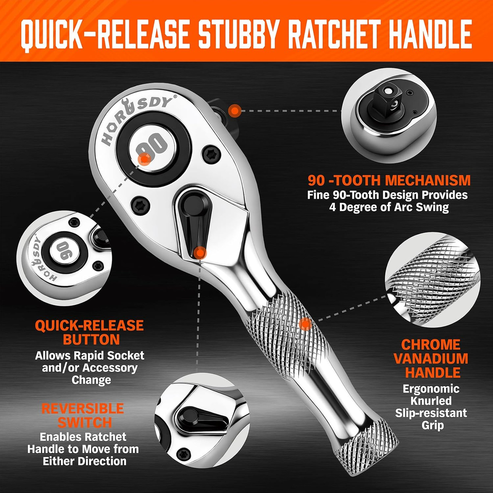 3 Piece Stubby Ratchet Handle Set 90 Tooth Chrome Drive Small Socket Wrench