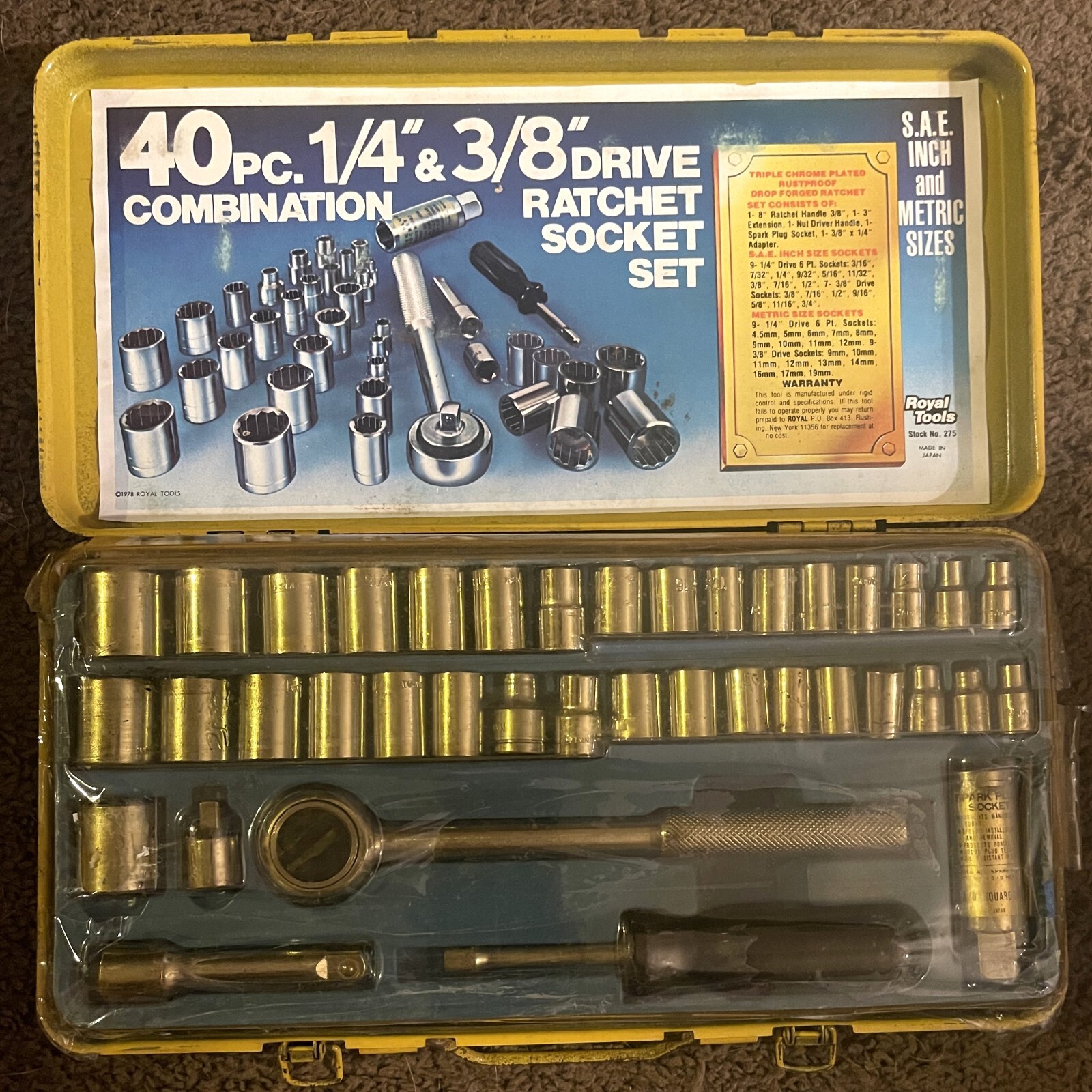 Vtg Royal Tools 40 Piece SAE & Metric Ratchet Socket Tool Set No. 275 Japan 1978