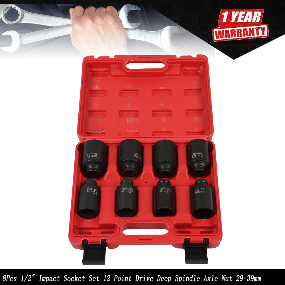 8Pcs 1/2″ Impact Socket Set 12 Point Drive Deep Spindle Axle Nut 29-39mm