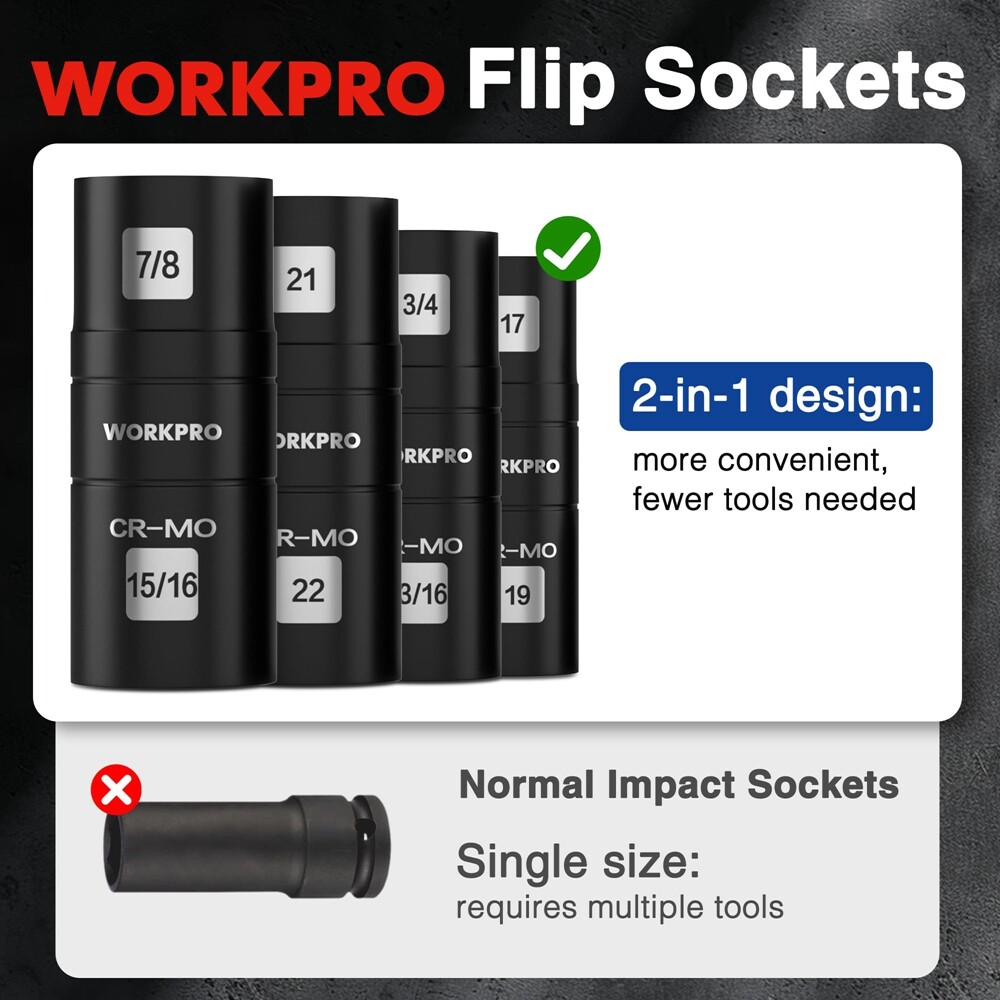 WORKPRO 5PC 1/2″ Dr Impact Socket Set Lug Nut Wheel 3″ Extension Bar Flip Socket