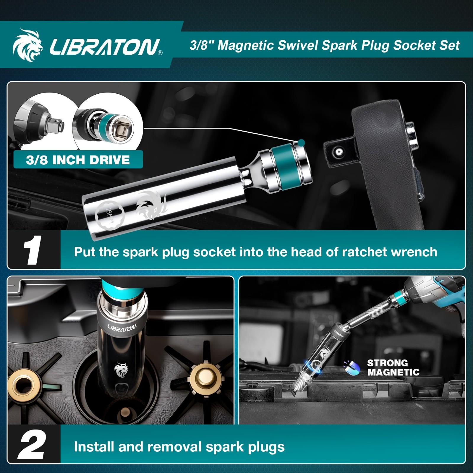 8PCS Magnetic Spark Plug Socket Set 3/8″ Drive – Gapper, Extension Bar, Swivel H