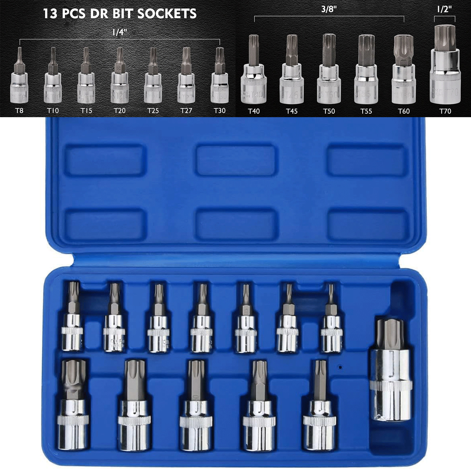 13PCS Drive Torx Bit Socket Set 1/4″ 3/8″ 1/2″ T8-T70 Star Bit Socket Set Tool
