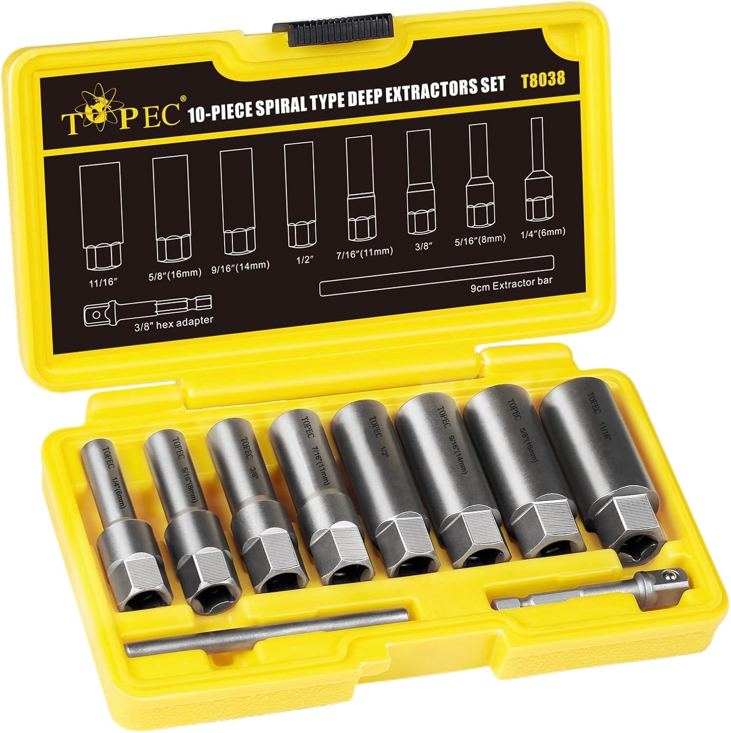 10-Piece Spiral Type Deep Bolt Extractor Set, Spark Plug Extraction Socket Set,