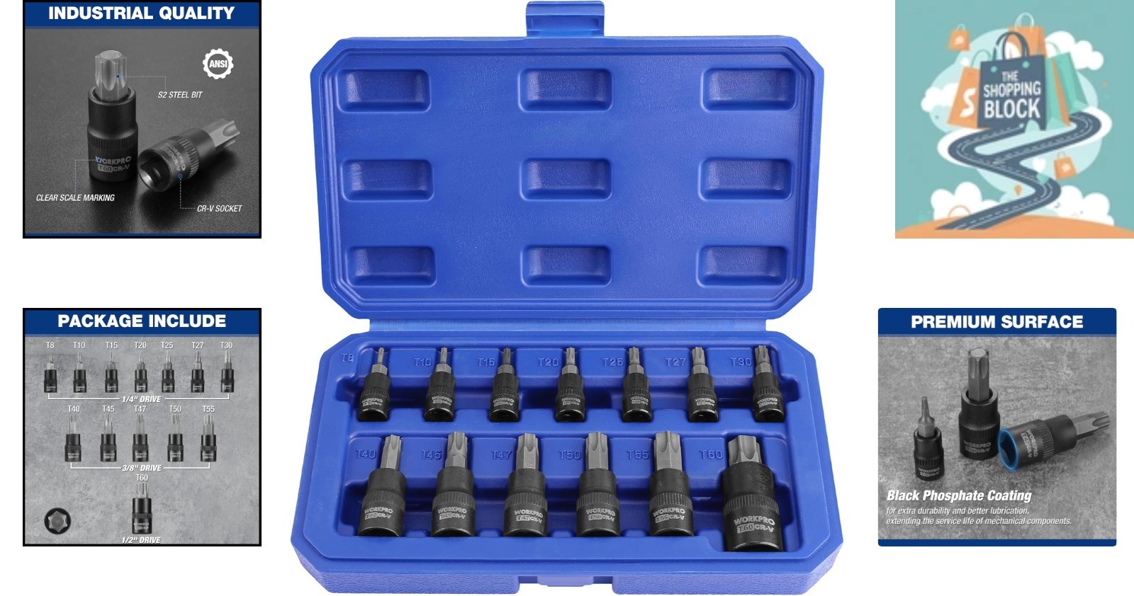 13-Piece Torx Socket Set with Storage Case, S2 Steel, Multiple Drive Sizes