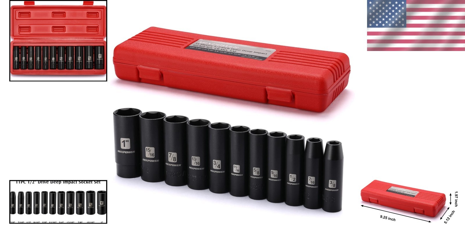 11 Pieces 1/2-Inch Drive Deep Impact Socket Set, 3/8-Inch to 1-Inch, CR-V, SA…
