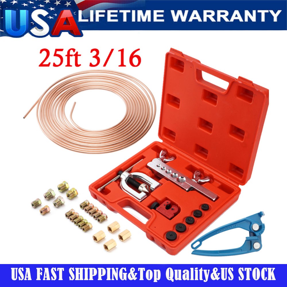 25ft 3/16 Copper Coated Brake Line Flaring Tool Tube Bender & 20 Fittings Nuts