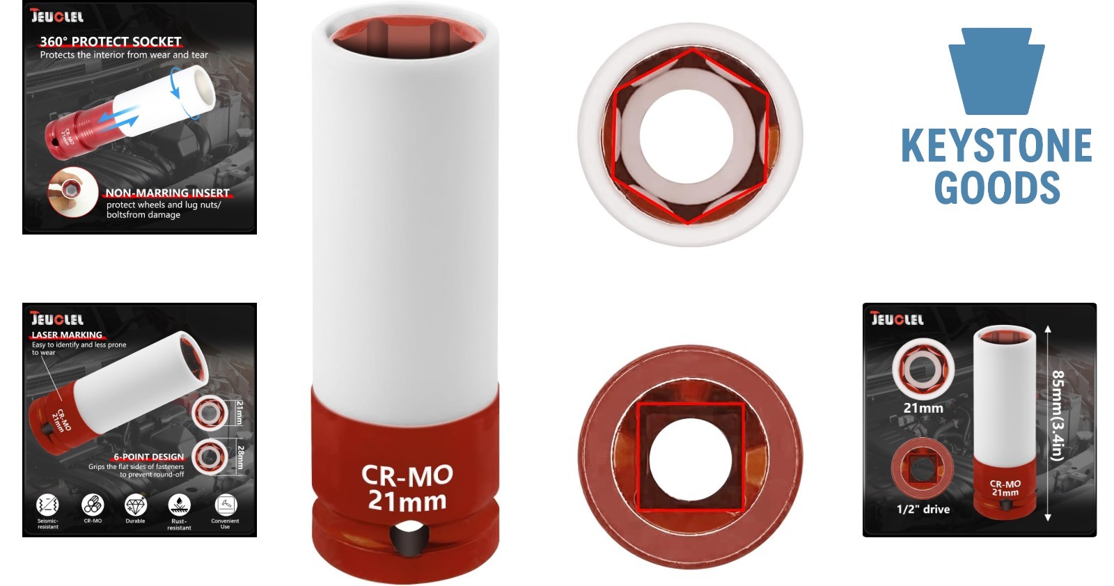 21mm Thin Wall Deep Impact Socket – Lug Nut & Wheel Protector, Non-Marring, 1…