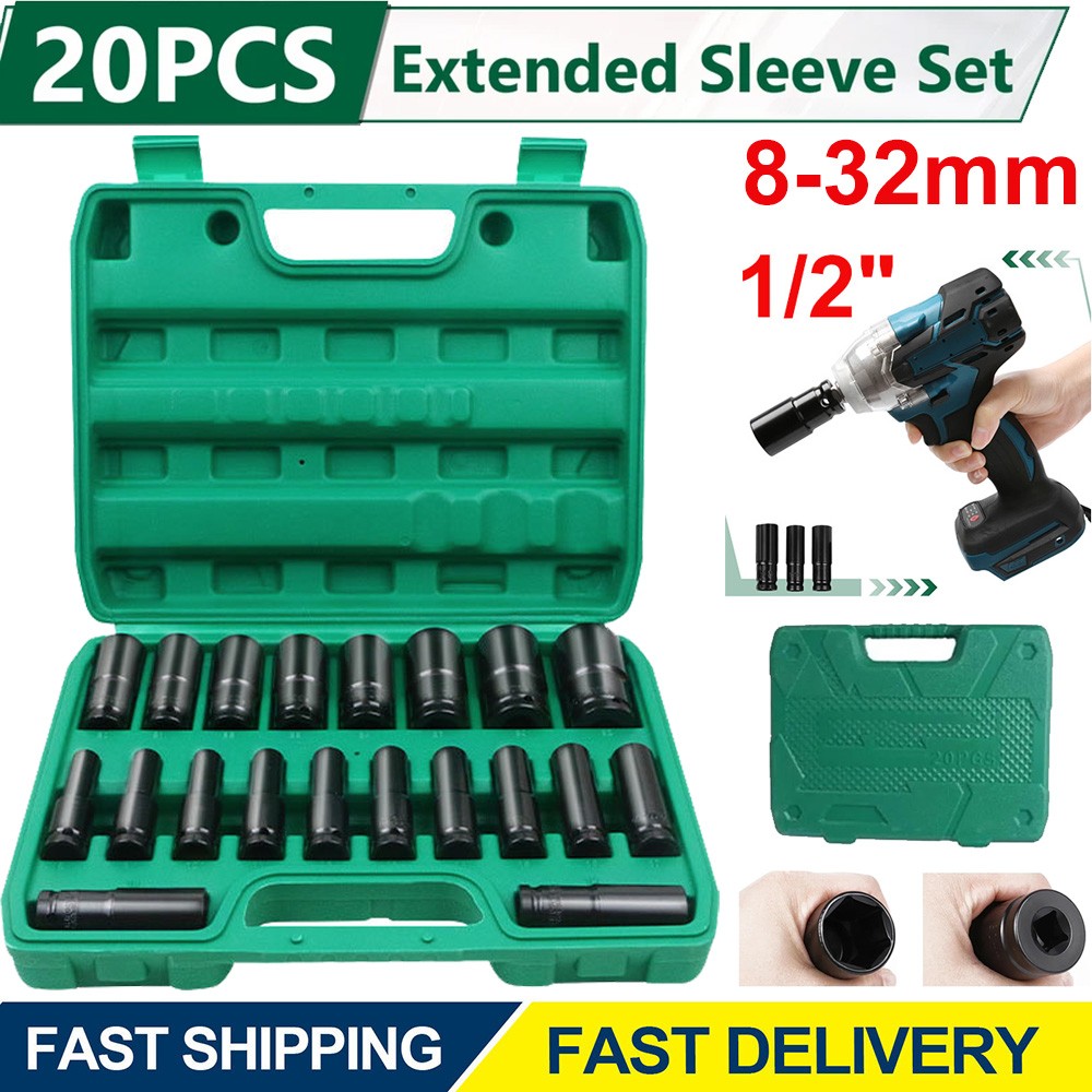 20PCS 1/2 Inch Impact Sockets Set Drive Metric 8mm-32mm Deep 6-Point Set w/ Case