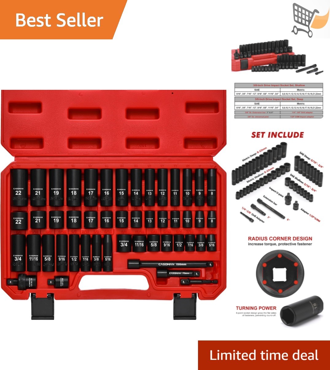 Impact Socket Set 49 Pieces Chrome Vanadium Standard SAE Metric 6-Point