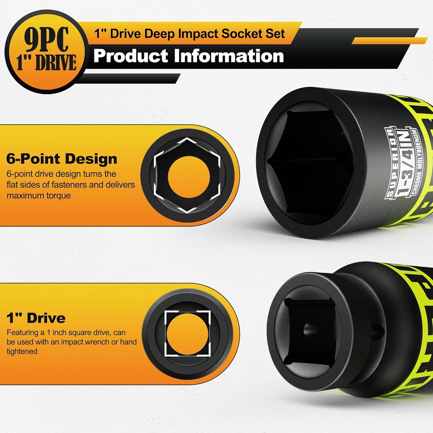 9 Piece 1″ Drive Deep Impact Socket Set, 1 Inch – 2 Inch, SAE, 6-Point Design…