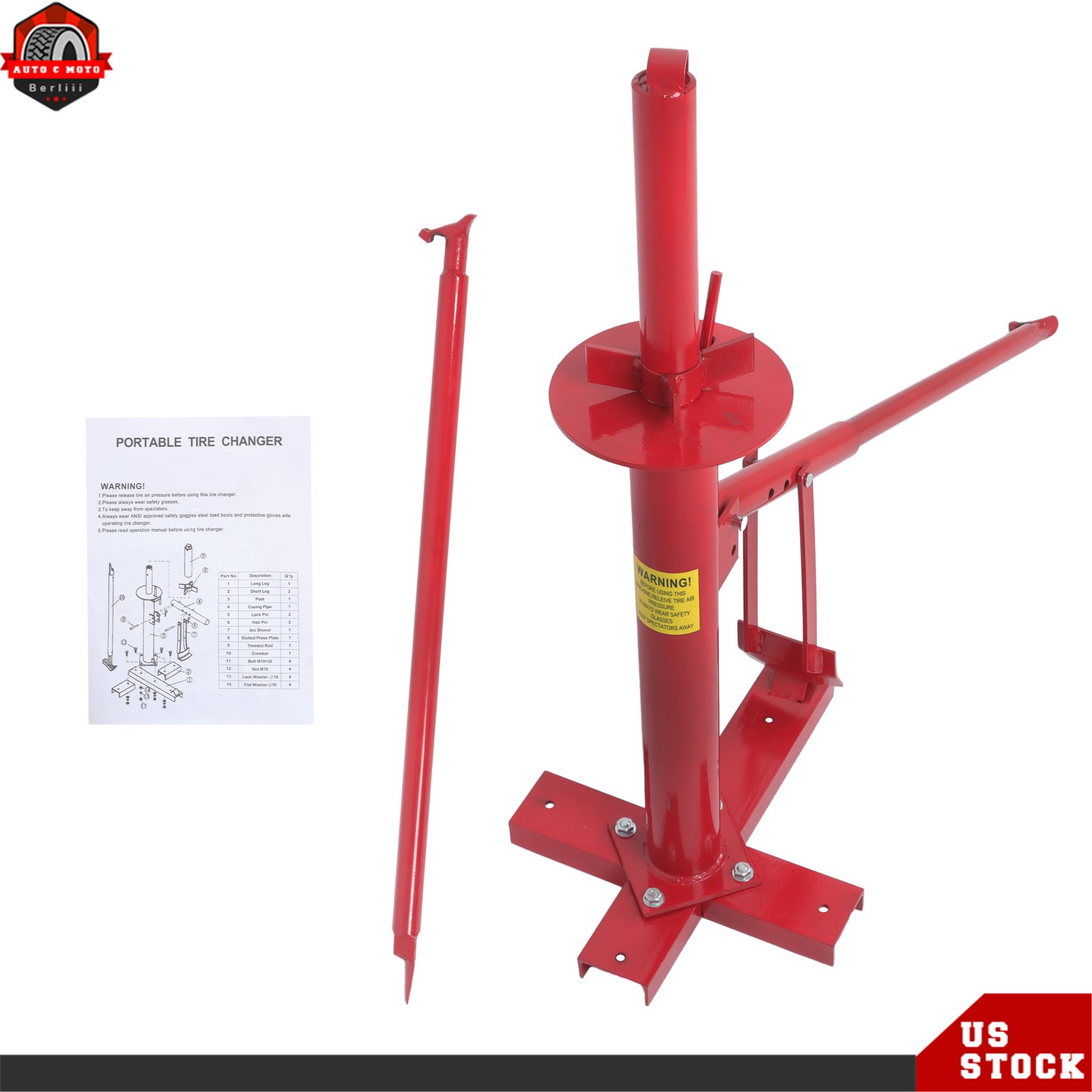 Portable Hand Bead Breaker Mounting Tool 8″ to 16″ Tires Manual Tire Changer Red