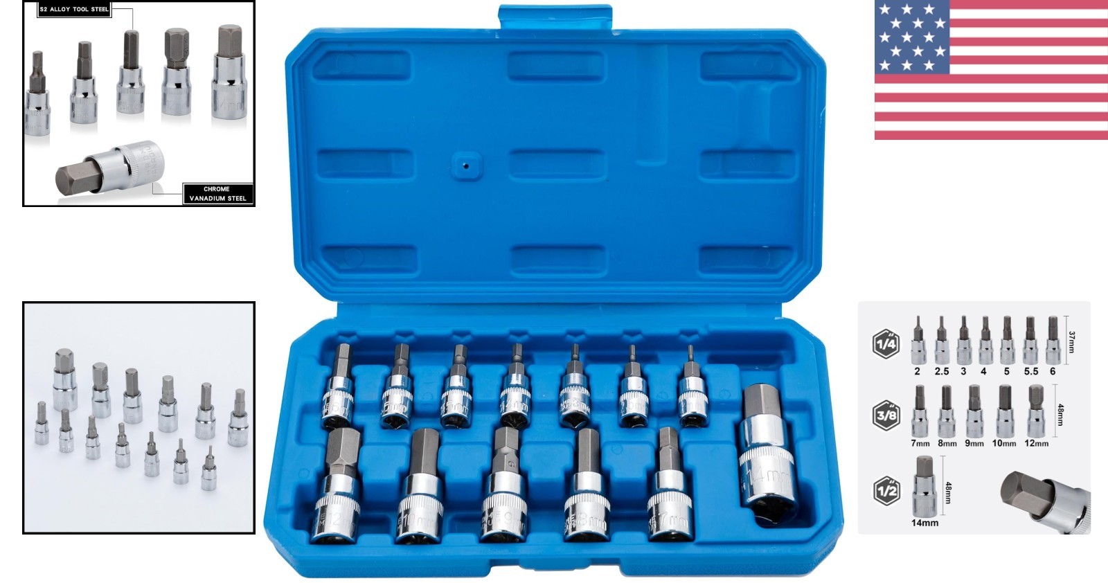 Versatile Hex Bit Socket Set with S2 Steel – 13 Pieces 2mm to 14mm