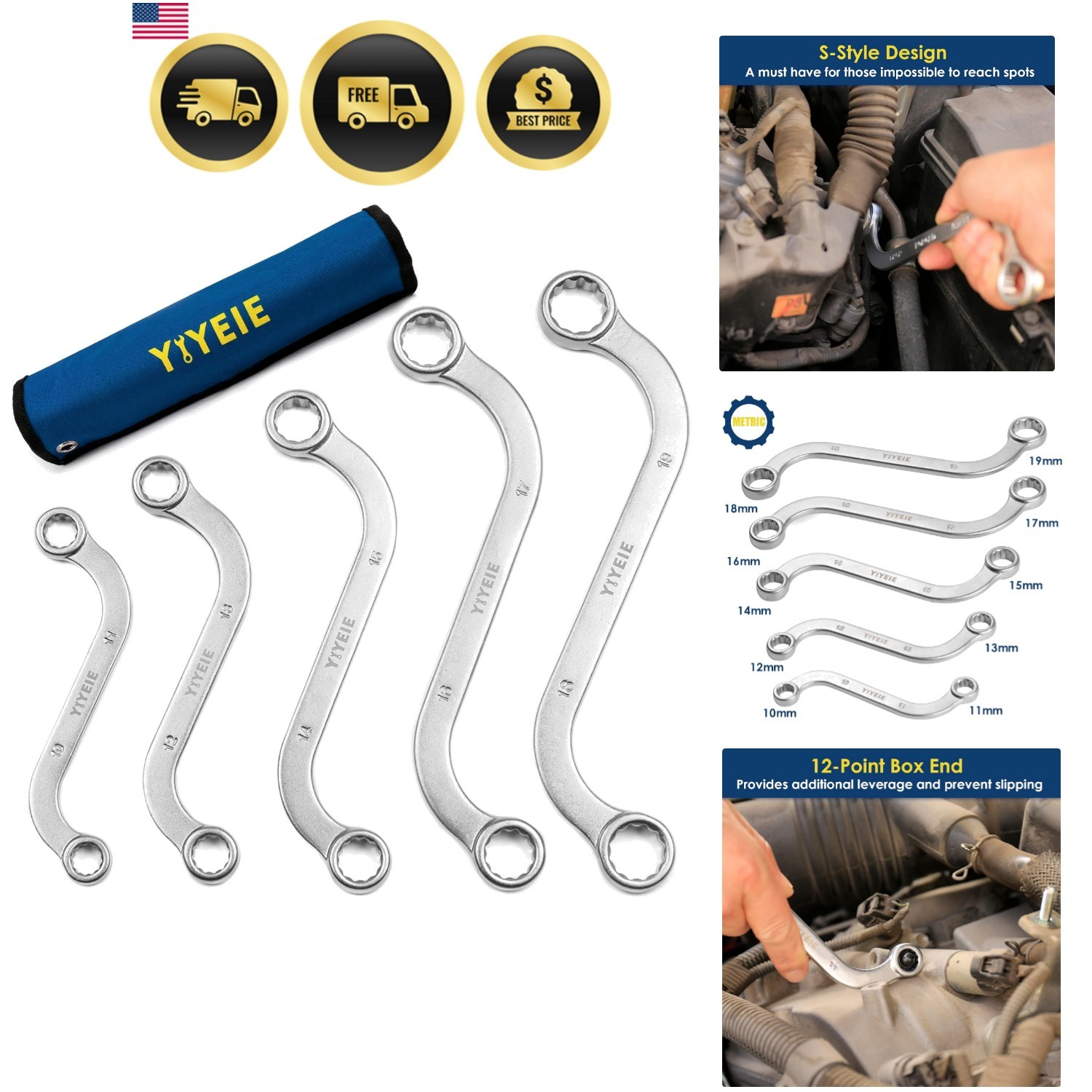 Offset S-Style Box End Wrench Set, 5-Piece, Chrome Vanadium Steel, 10x11mm, 1…