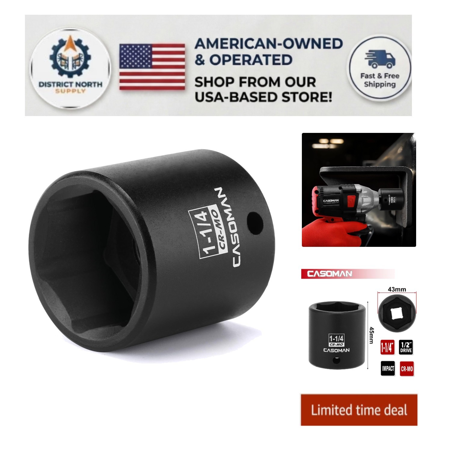 Heavy-Duty 1/2-Inch Drive Impact Socket, 1-1/4-Inch Size, Black Phosphate Finish