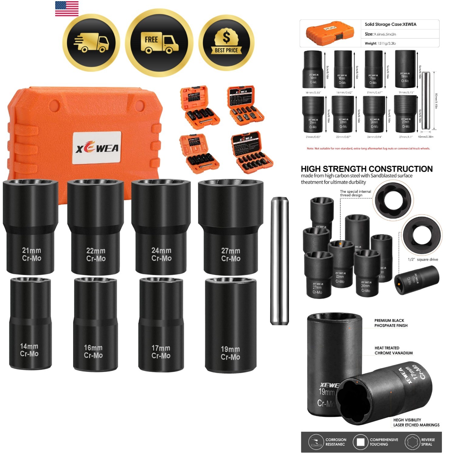 9PCS Lug Nut Extractor Set, 1/2″ Drive Impact Bolt Nut Remover Socket Tool, W…