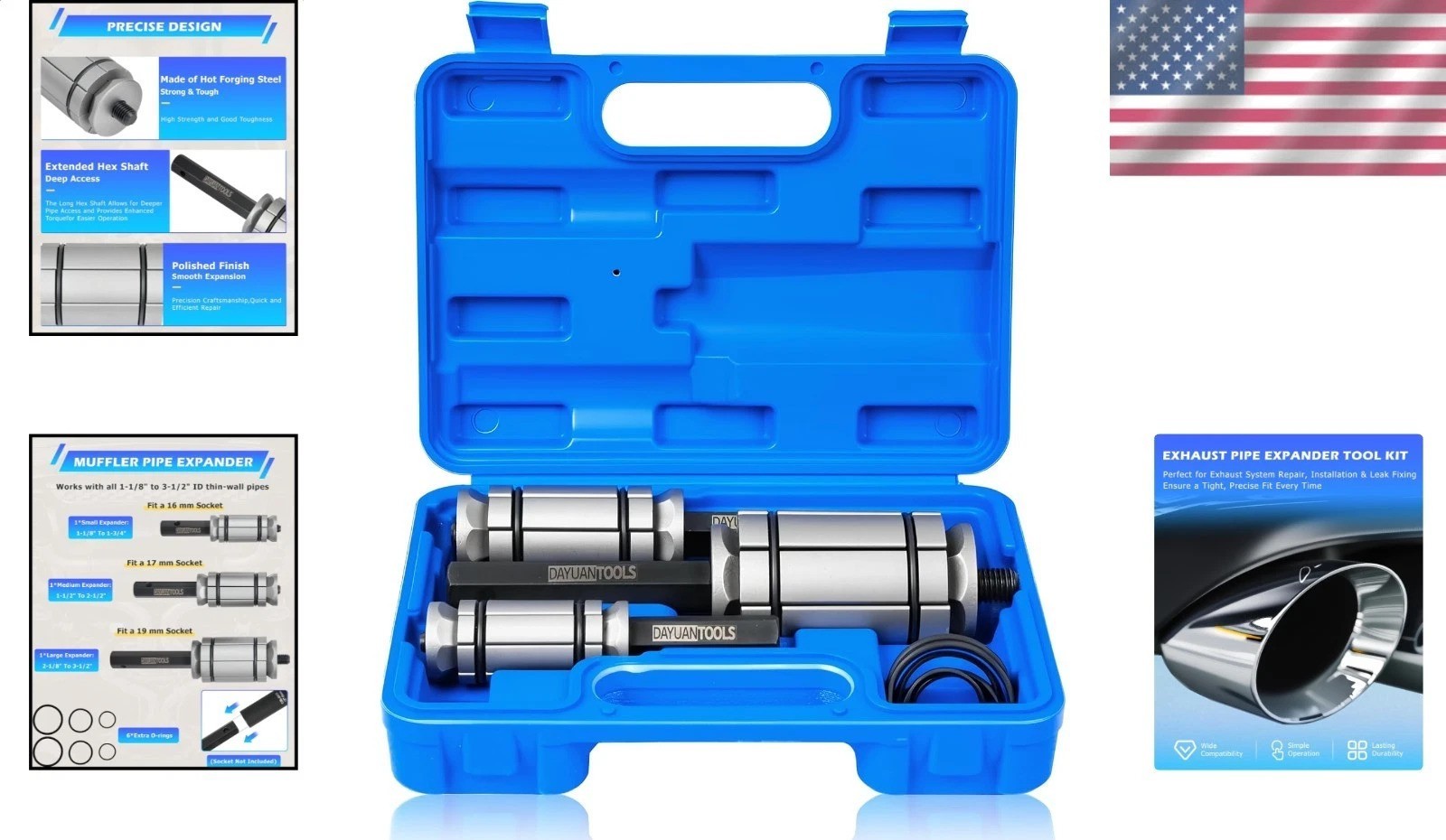Heavy Duty Exhaust Pipe Expander Tool Kit 3pc Tail Pipe Spreader 1-1/8 to 3-1/2