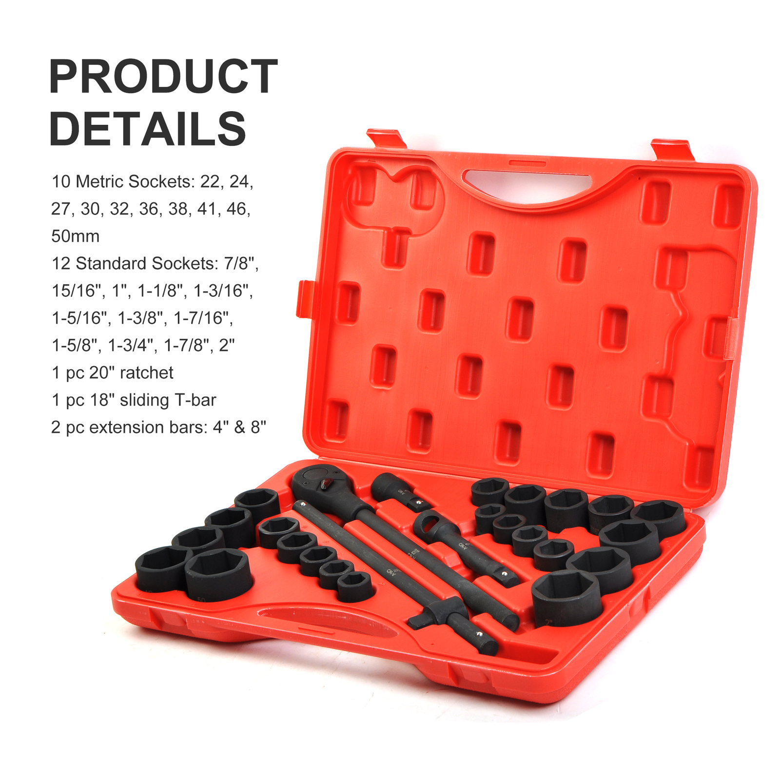 27pc Impact Socket Set 3/4″ SAE 7/8 to 2 Inches and Metric 22 to 50 mm
