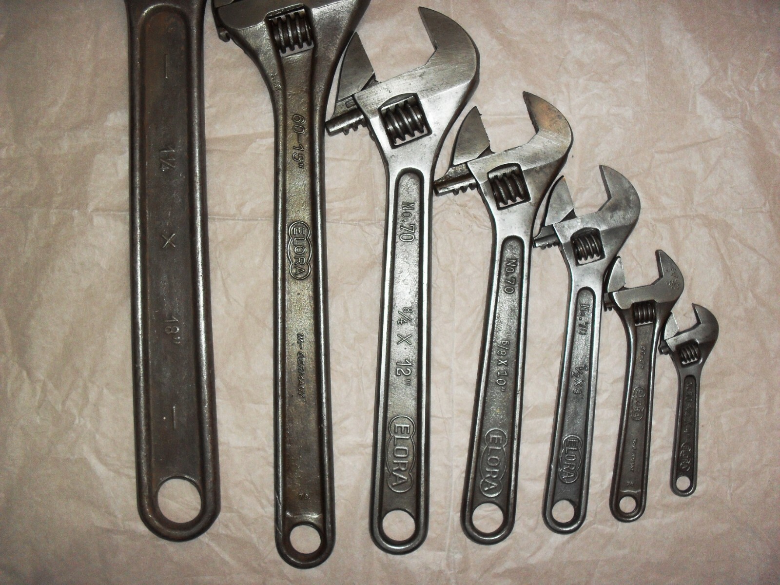 ELORA ADJUSTABLE WRENCHES; 18″ & 15″ & 12″ &10″ & 8″ & 6″ & 4″ MADE IN GERMANY