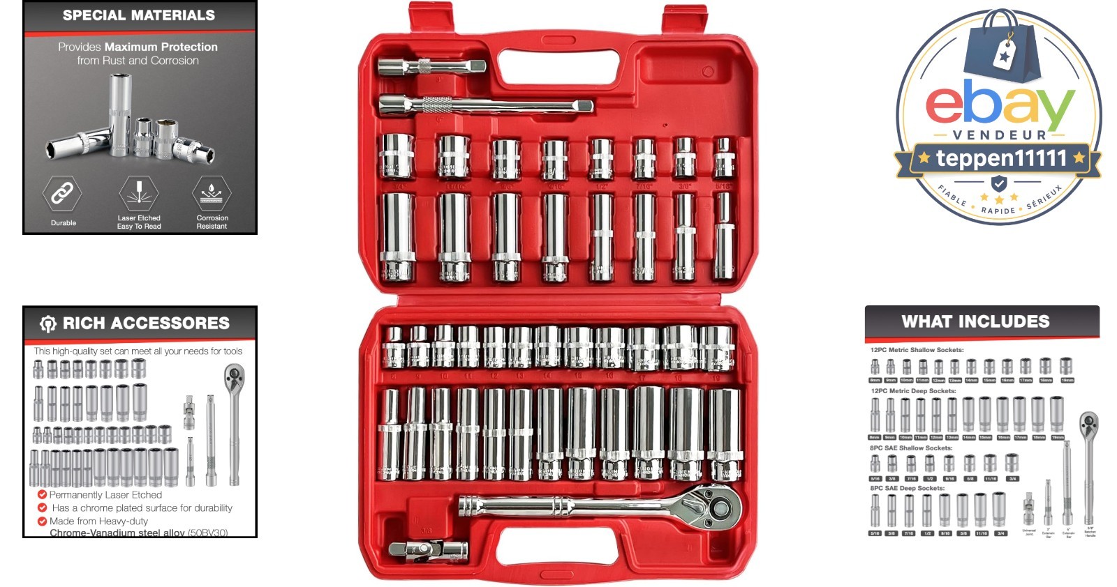 44pcs Impact Socket Set 3/8″ Drive SAE Metric Deep Shallow CR-V Steel