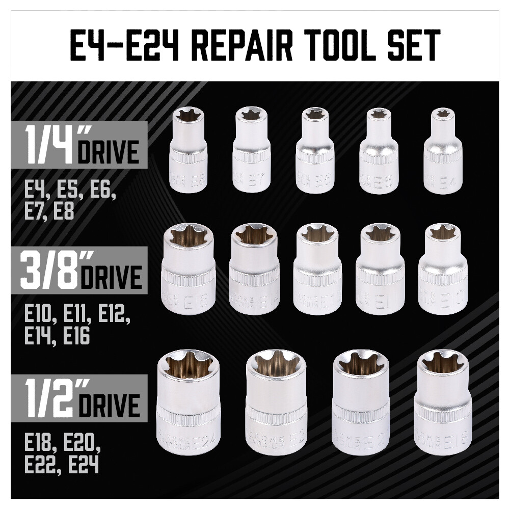 14PC E Torx Star Female Bit Socket Set 1/2″ 3/8″ 1/4″ Drive E4 – E24 With Case