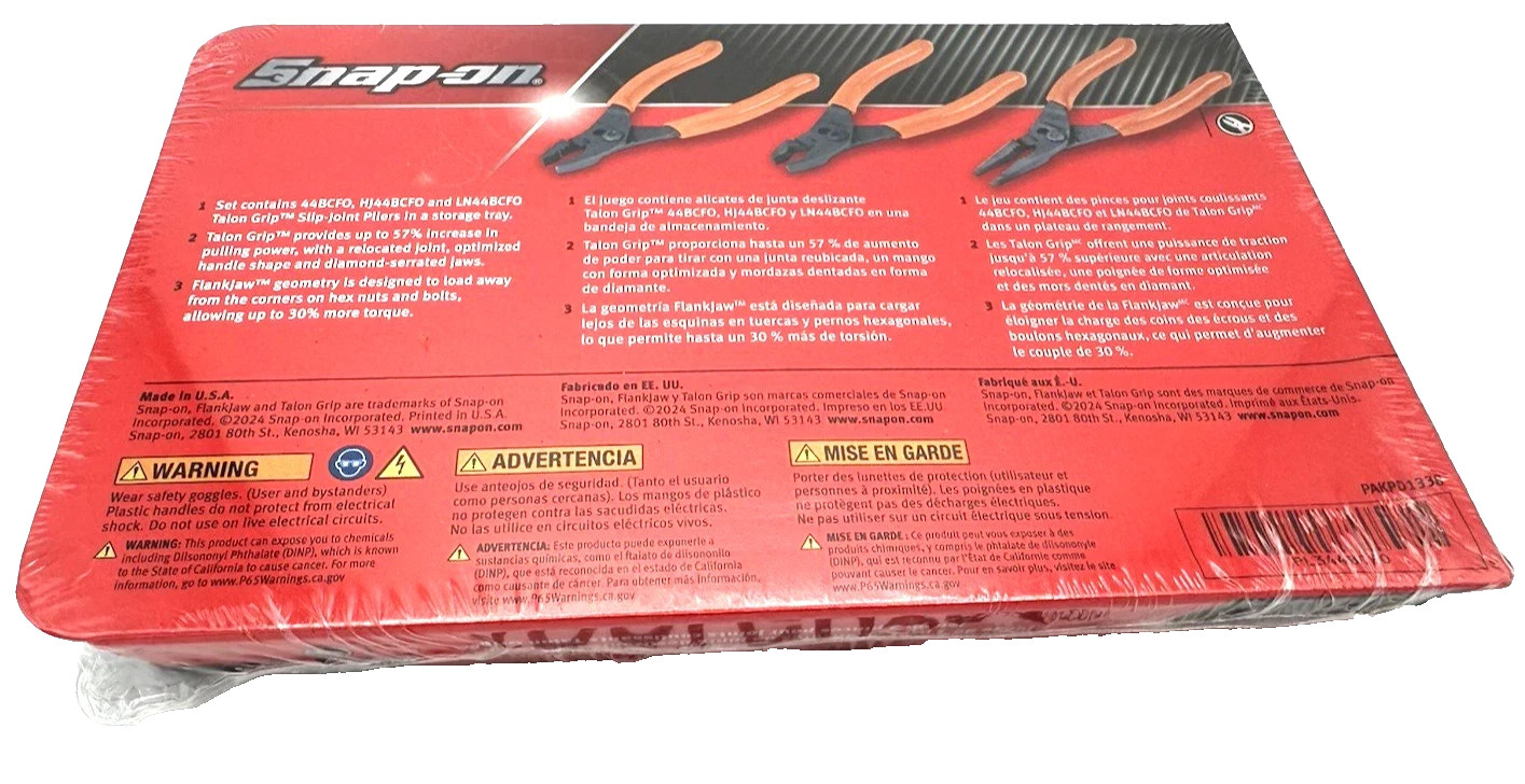 Snap-on Tools Orange 3pc Soft Grip Mini Slip Joint Pliers Set PL344BCF USA NEW