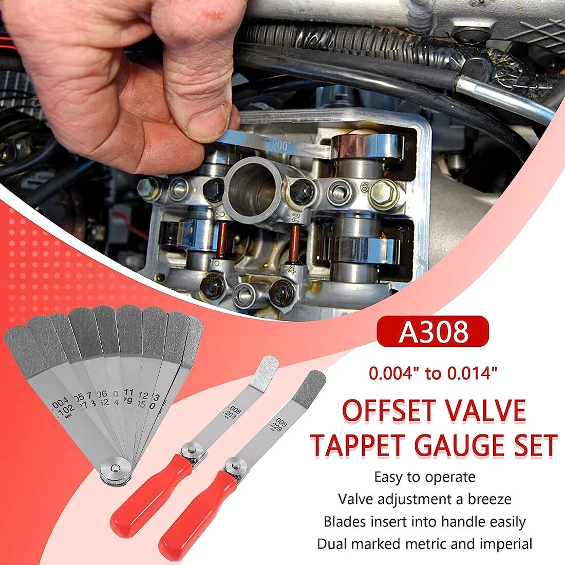 A308 Offset Valve Tappet Gauge 11-Blade Feeler Gauge Kit Sizes 0.004″ to 0.014″